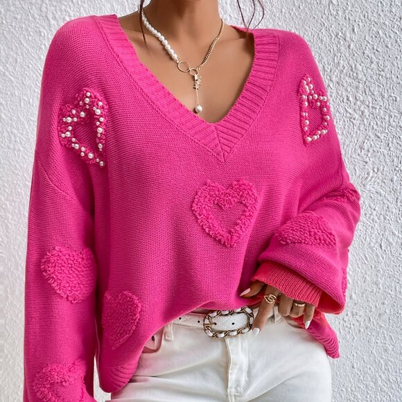 Hot Pink Casual Women's Pearls Heart Detail V-Neck Drop Shoulder Sweater - Picture 4 of 6